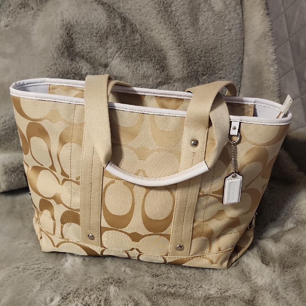 Coach Signature Logo 2-Way Tote Bag with White Trim